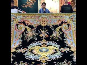9,55x12,2ft (291x372cm) Handgeknüpfter traditioneller schwarzer Savonnerie Teppich im persischen Muster