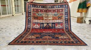 Marineblau und roter Farb- Four Turkmen Gabbeh, handgewebter Teppich aus Ghazni-Wolle