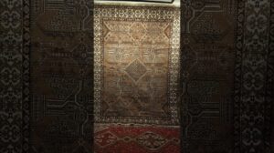 Vintage Persischer Bakhtiari im durchgehenden geometrischen Muster aus Kamelhaar, ⁨@thepersianknot⁩, SKU 1479
