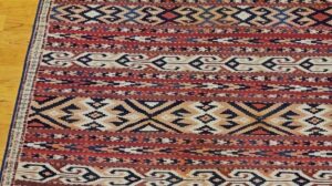 Vintage Turkmen Yomut Kilim im Streifenmuster in Rost, Elfenbein, Blau, Marine @thepersianknot, SKU 2057