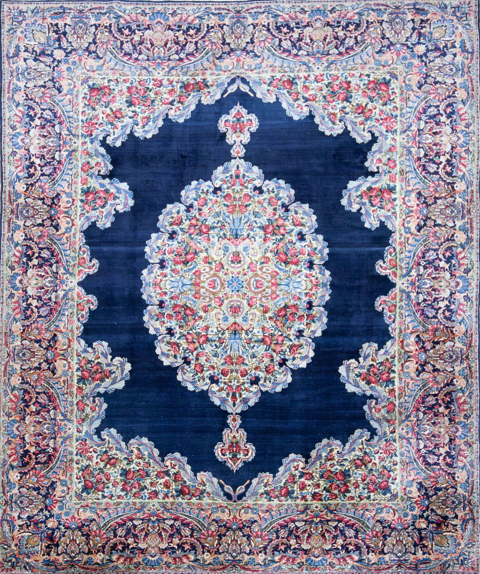 342x212cm ECHT ORIGINAL Kirman Kusheh Anguri Motiv Handgeknüpfter Perserteppich Blau W1(#435)