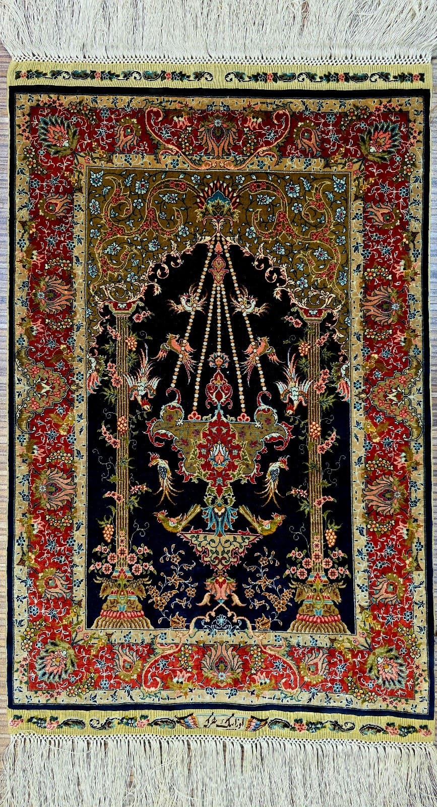 Orientteppich Hereke 66 x 43 cm Seide handgeknüpft blau vintage