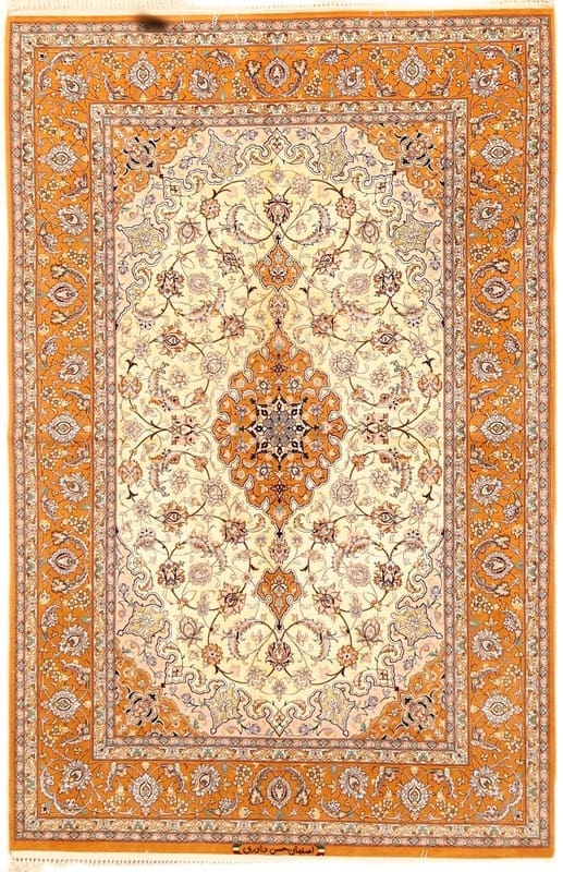 Perserteppich Isfahan 200 x 130 cm Seide handgeknüpft beige weiß Davari signiert