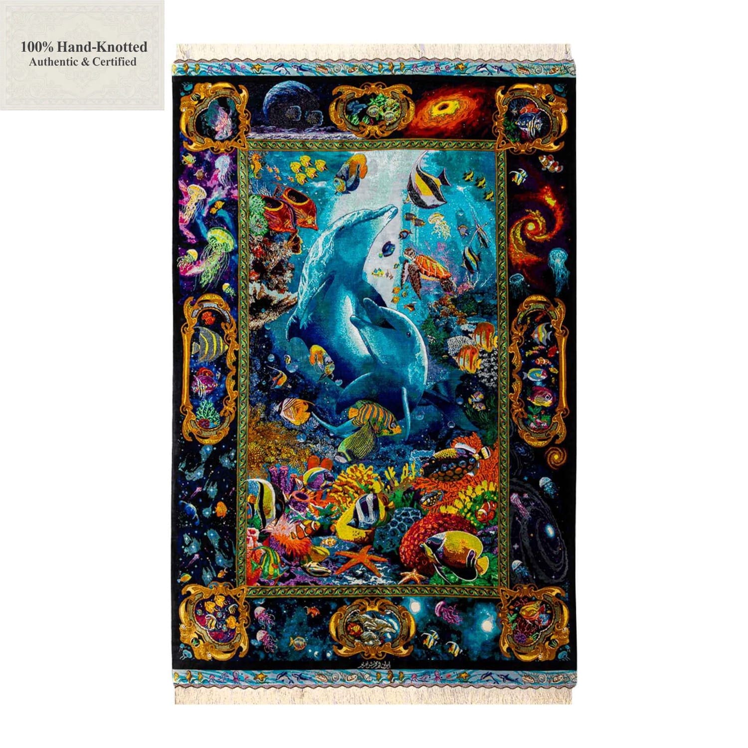 Perserteppich Qom 300 x 200 cm Seide handgeknüpft blau maritim