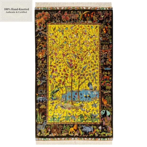 Perserteppich Qom 135 x 200 cm Seide handgeknüpft goldene Bäume "Arablou" signiert H1