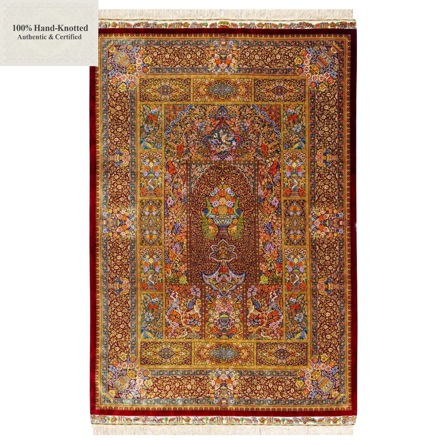 Perserteppich Qom 300 x 200 cm Seide handgeknüpft Taubenmuster